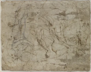 Verso: dwa studia ramion, profil skierowany do góry i postać stojąca, WA1846.164 (pióro i tusz, czarna kreda, profil nakłuty do transferu)